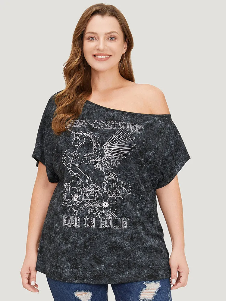 Unicorn & Floral Print One Shoulder Vintage T-shirt sold by Bloomchic