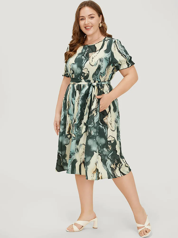 Water Ripple Pocket Belt Puff Sleeve Dress sold by Bloomchic product image thumbnail 4