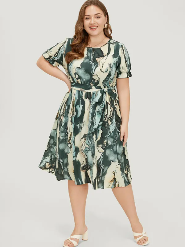 Water Ripple Pocket Belt Puff Sleeve Dress sold by Bloomchic