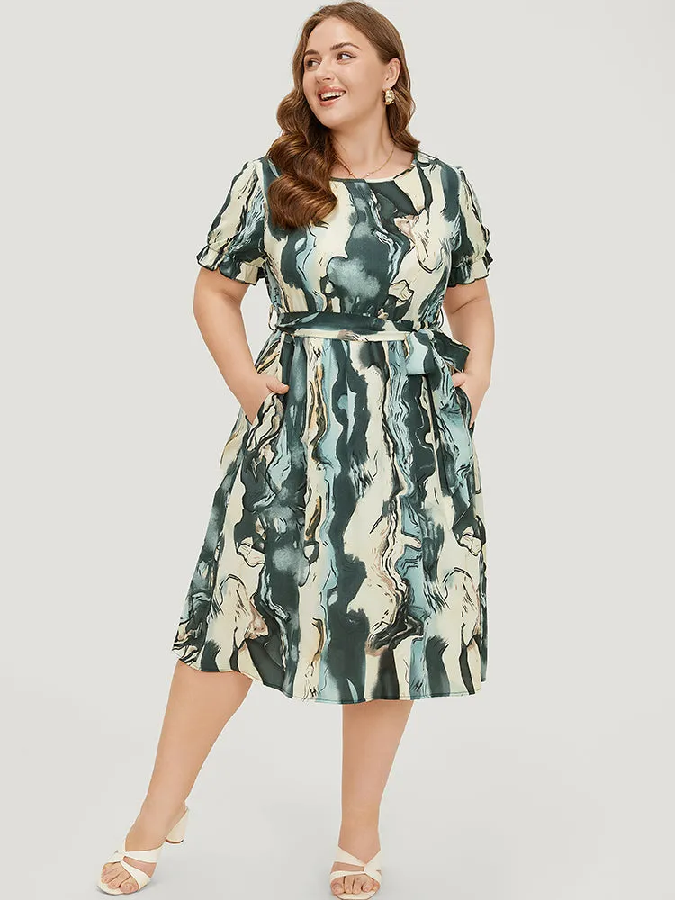 Water Ripple Pocket Belt Puff Sleeve Dress sold by Bloomchic product image thumbnail 2