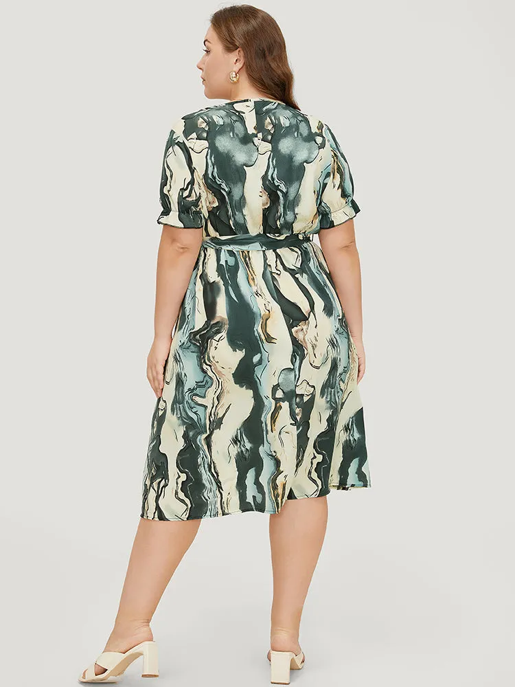 Water Ripple Pocket Belt Puff Sleeve Dress sold by Bloomchic product image thumbnail 3