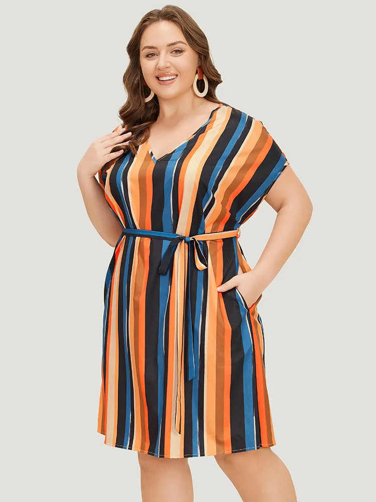 Rainbow Striped Batwing Sleeve Pocket Belt Dress sold by Bloomchic product image thumbnail 3
