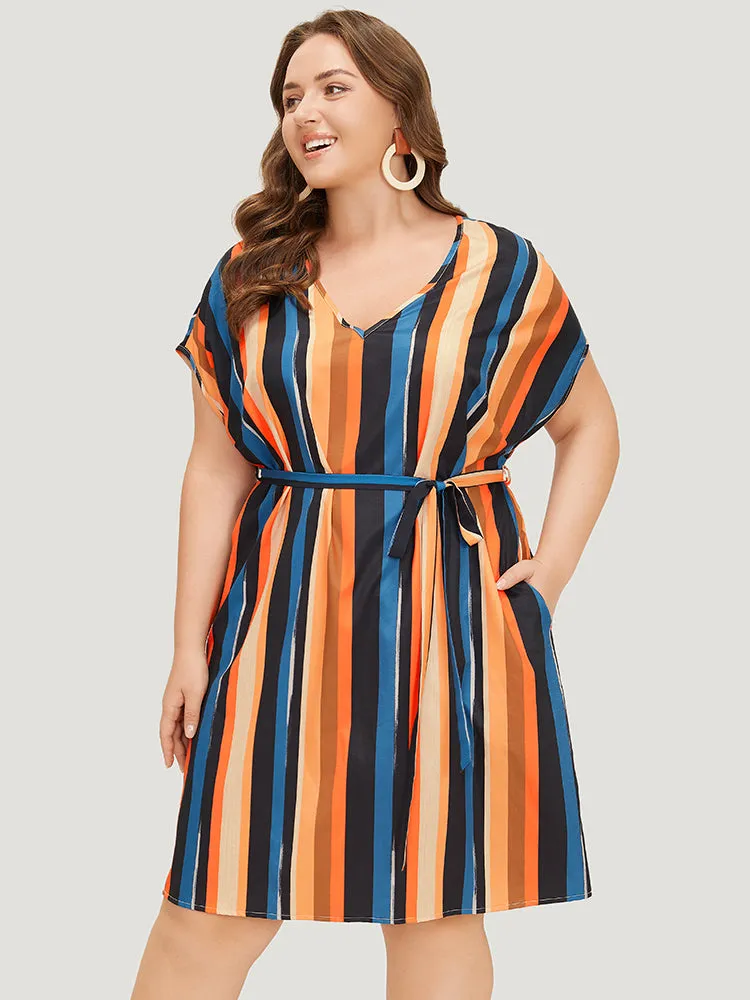 Rainbow Striped Batwing Sleeve Pocket Belt Dress sold by Bloomchic