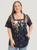 Floral Pleated Mesh Lace Sleeve Square Neck Blouse sold by Bloomchic