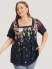 Floral Pleated Mesh Lace Sleeve Square Neck Blouse sold by Bloomchic
