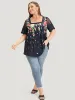 Floral Pleated Mesh Lace Sleeve Square Neck Blouse sold by Bloomchic