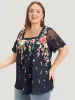 Floral Pleated Mesh Lace Sleeve Square Neck Blouse sold by Bloomchic