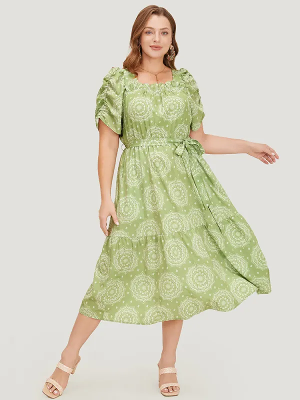 Bandana Print Ruched Sleeve Frill Trim Pocket Belt Dress sold by Bloomchic