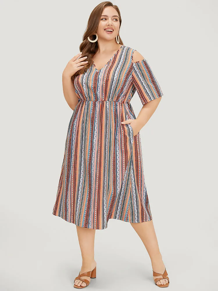 Rainbow Striped Pocket Cold Shoulder Dress sold by Bloomchic