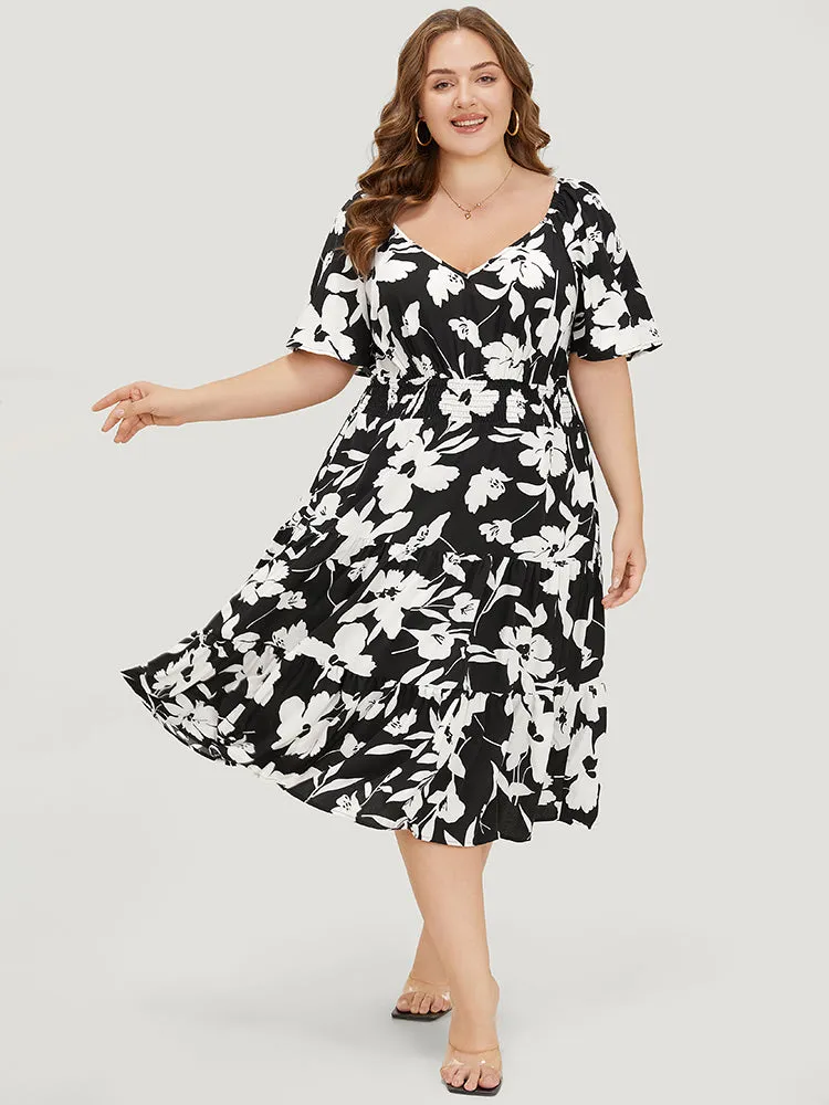Floral Ruffle Pocket V Neck Shirred Dress sold by Bloomchic
