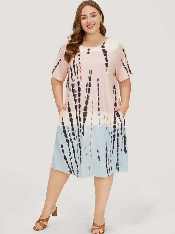 Tie Dye Crew Neck Pocket Color Block Contrast Dress sold by Bloomchic