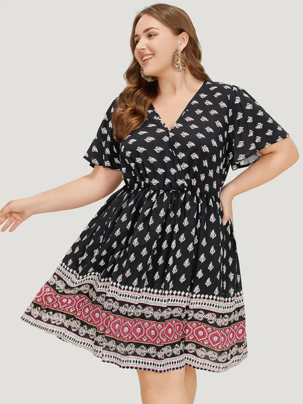 Bandana Print Flutter Sleeve Pocket Wrap Dress sold by Bloomchic
