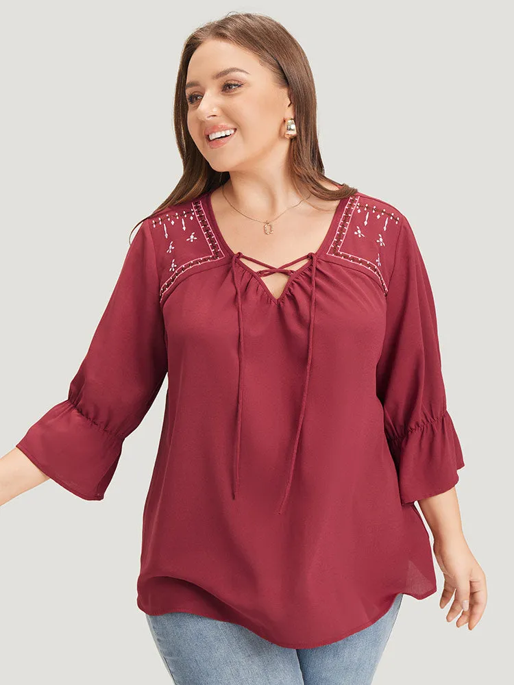Plain Embroidered Lace Up Bell Sleeve Blouse sold by Bloomchic product image thumbnail 3