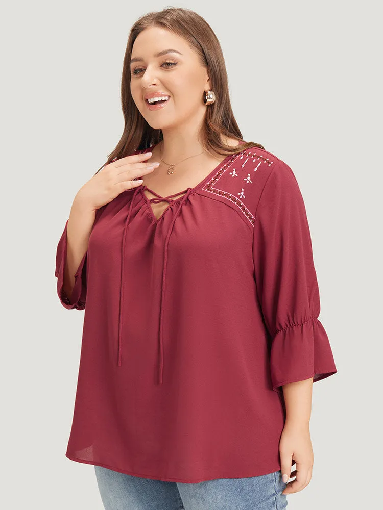 Plain Embroidered Lace Up Bell Sleeve Blouse sold by Bloomchic product image thumbnail 5