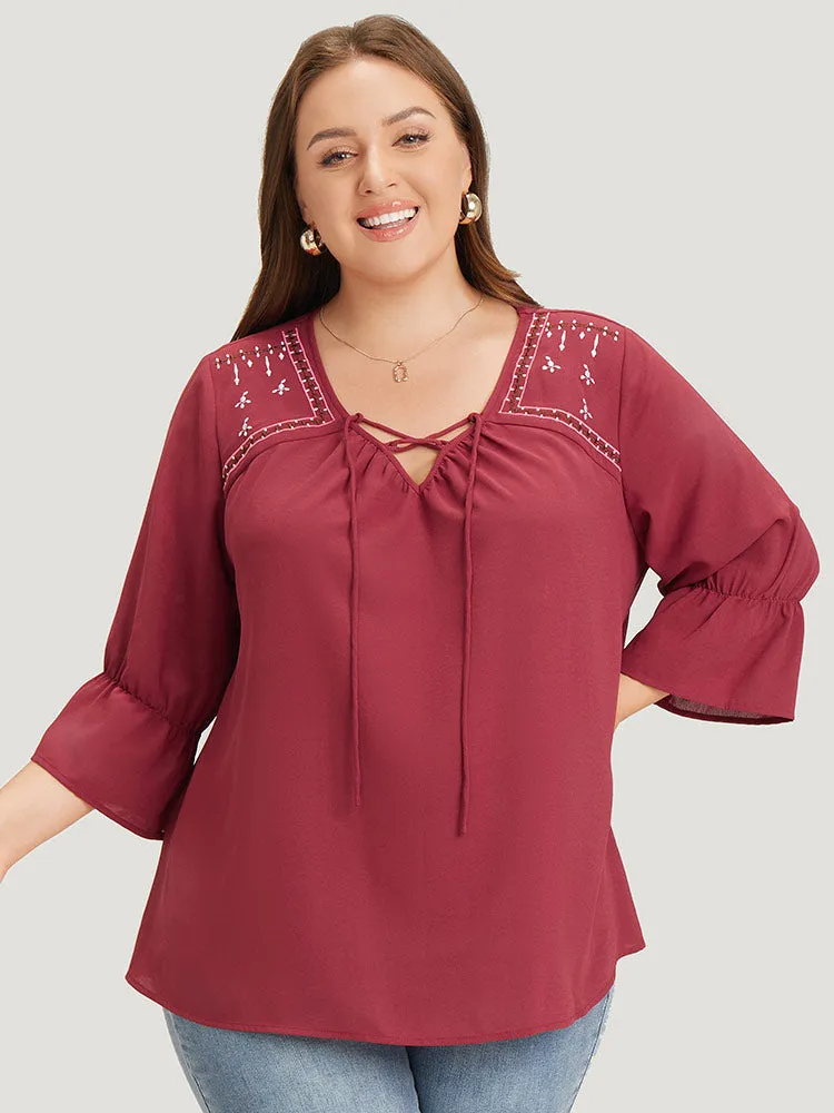 Plain Embroidered Lace Up Bell Sleeve Blouse sold by Bloomchic product image thumbnail 2