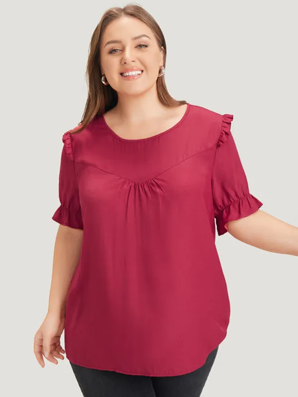 Plain Gathered Ruffle Trim Puff Sleeve Blouse sold by Bloomchic