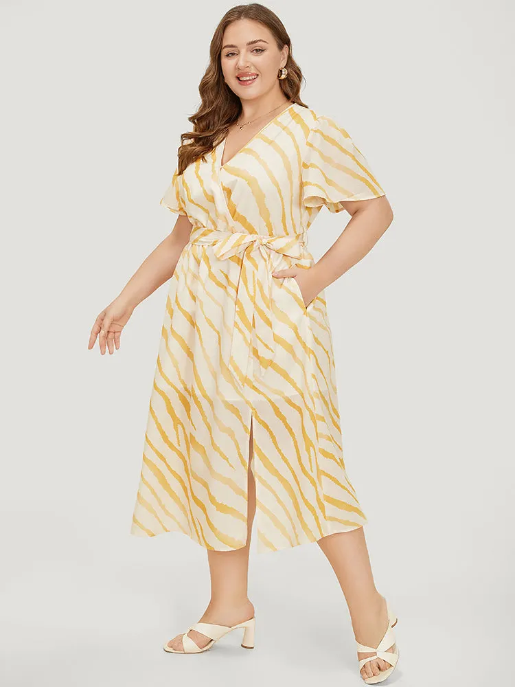 Zebra Print Wrap Pocket Belt Ruffle Sleeve Split Dress sold by Bloomchic product image thumbnail 2