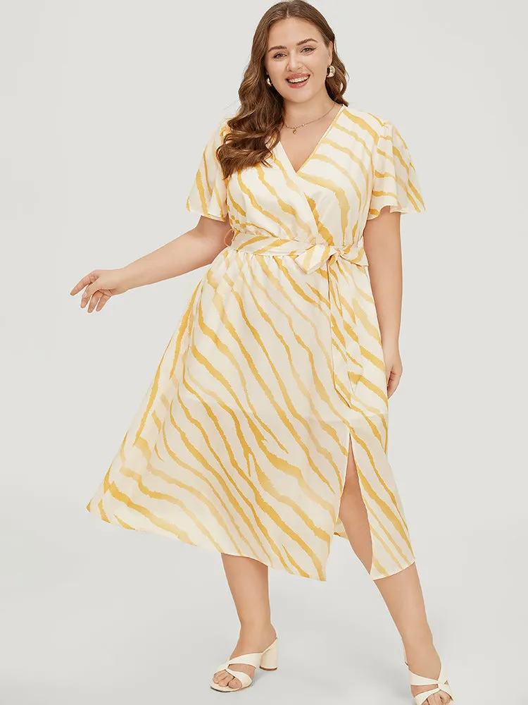 Zebra Print Wrap Pocket Belt Ruffle Sleeve Split Dress sold by Bloomchic product image thumbnail 3
