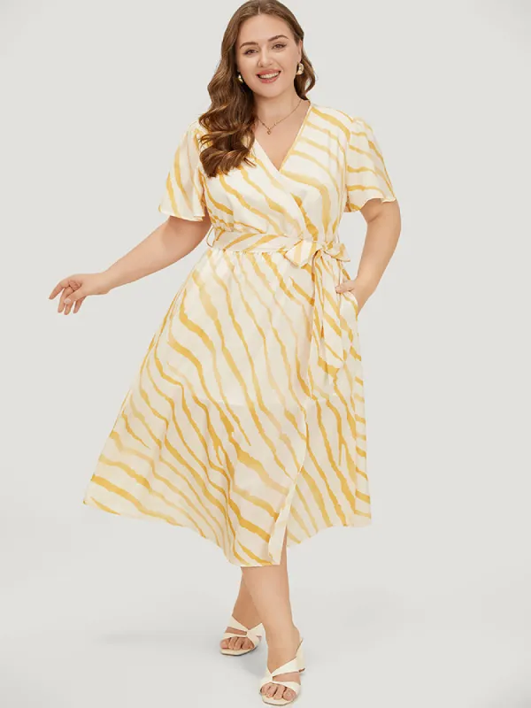 Zebra Print Wrap Pocket Belt Ruffle Sleeve Split Dress sold by Bloomchic