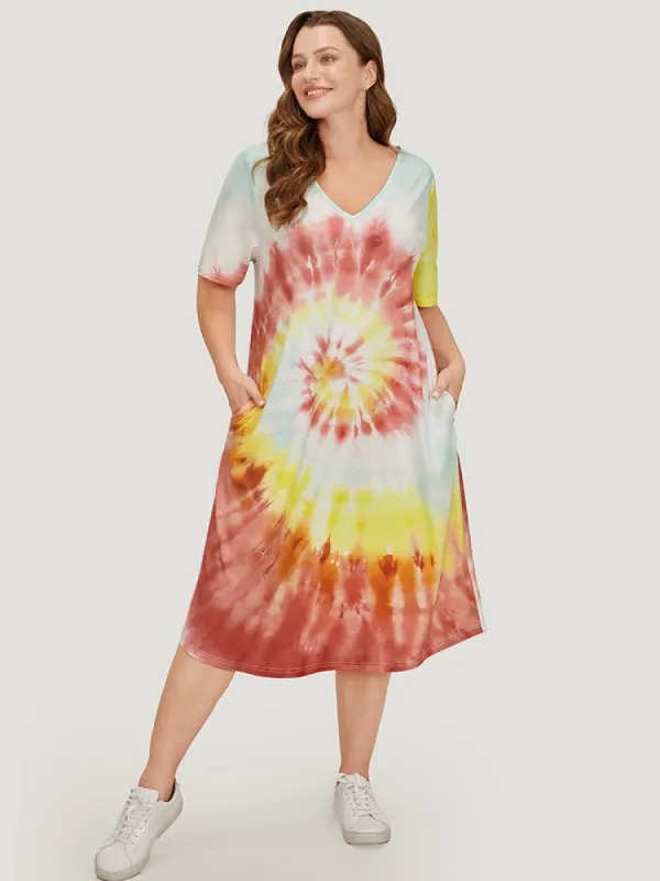 Tie Dye Pocket Short Sleeve V Neck Midi Dress sold by Bloomchic