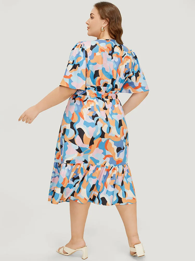 Geometric Contrast Pocket Shirred Wrap Ruffles Dress sold by Bloomchic product image thumbnail 3