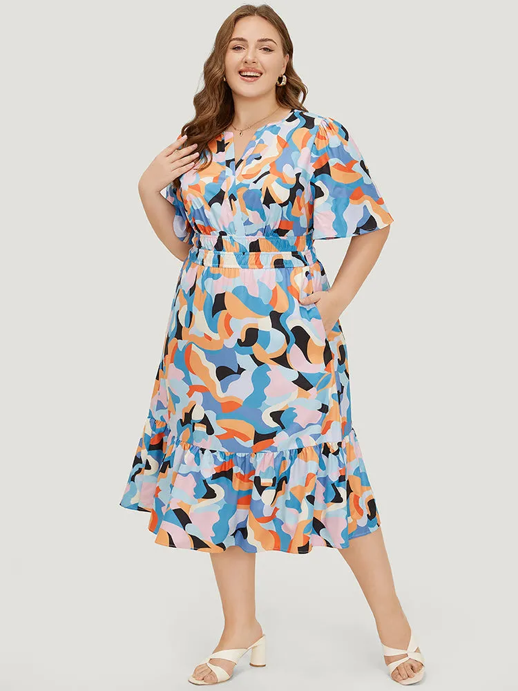 Geometric Contrast Pocket Shirred Wrap Ruffles Dress sold by Bloomchic product image thumbnail 4