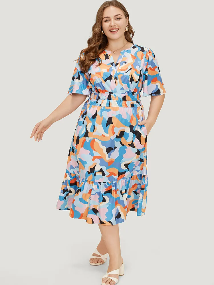 Geometric Contrast Pocket Shirred Wrap Ruffles Dress sold by Bloomchic