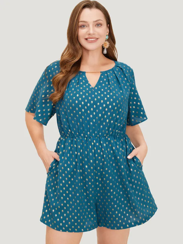 Polka Dot Chain Neck Pocket Glitter Zipper Romper sold by Bloomchic