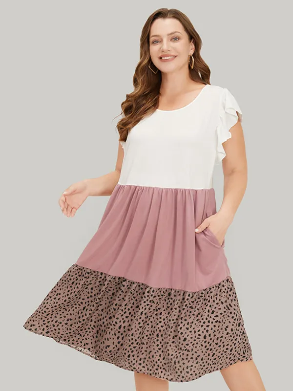 Leopard Contrast Ruffle Trim Pocket Layered Hem Dress sold by Bloomchic