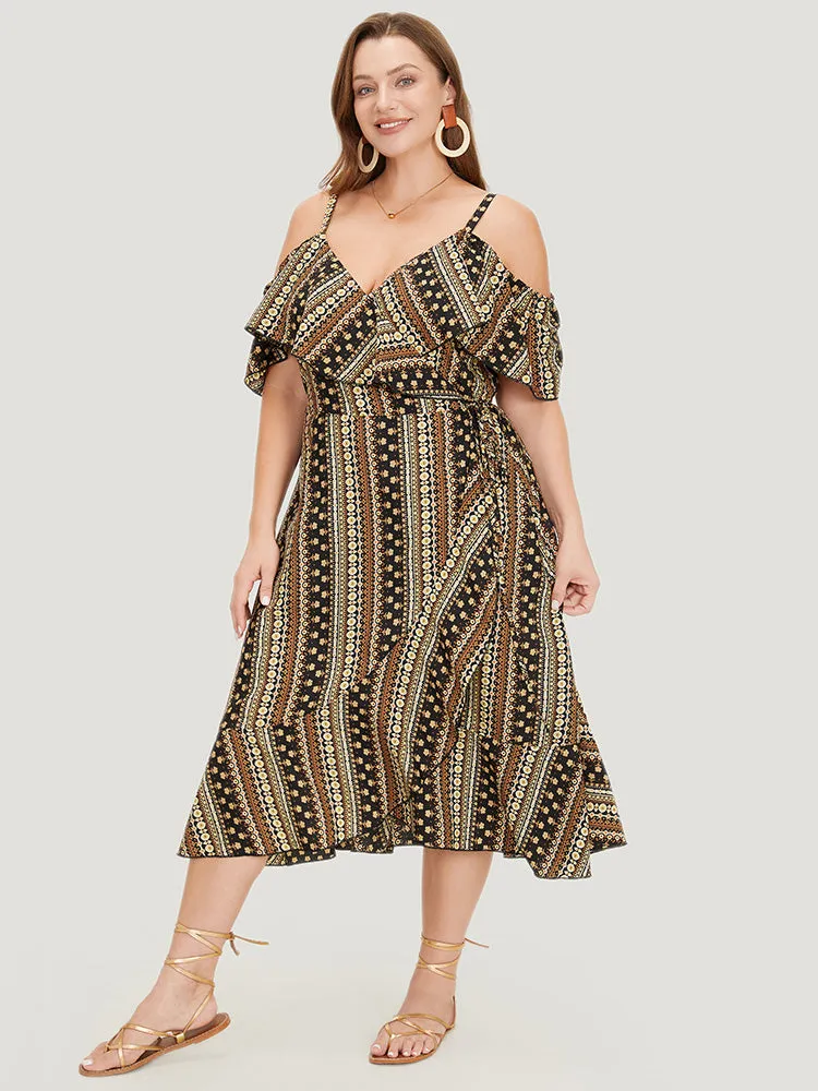 Bandana Pocket Ruffle Trim Cold Shoulder Dress sold by Bloomchic product image thumbnail 3