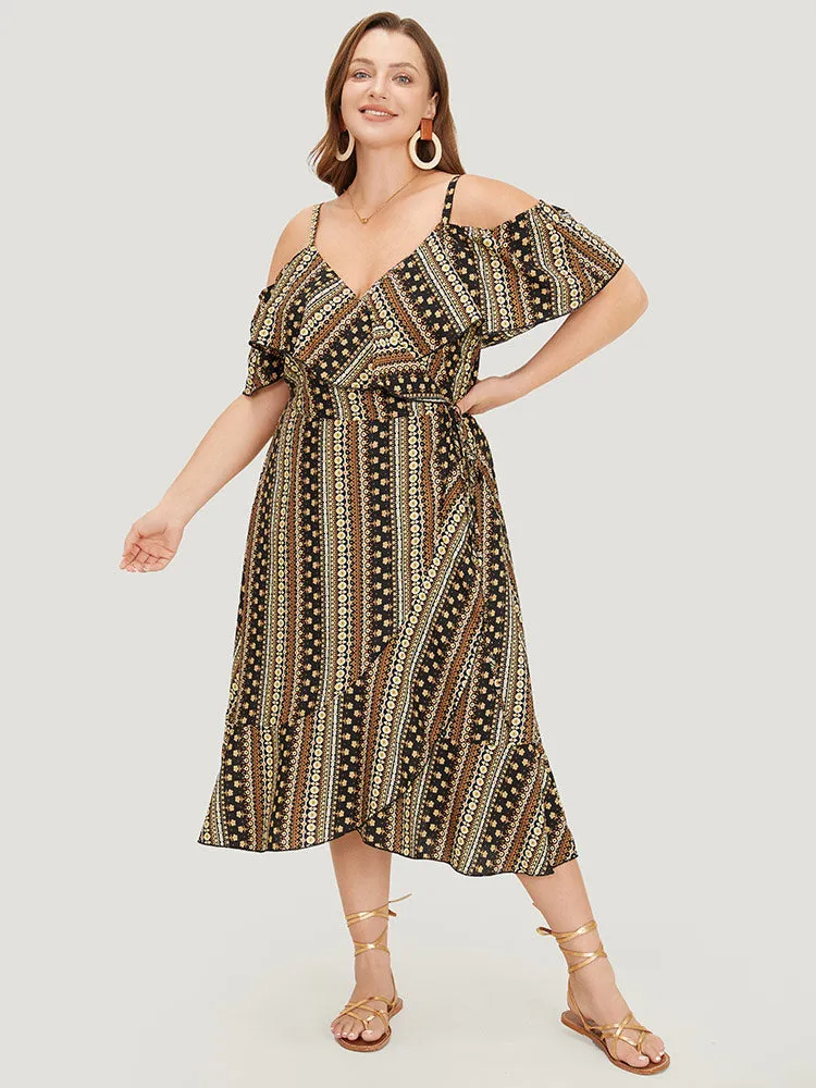 Bandana Pocket Ruffle Trim Cold Shoulder Dress sold by Bloomchic product image thumbnail 4