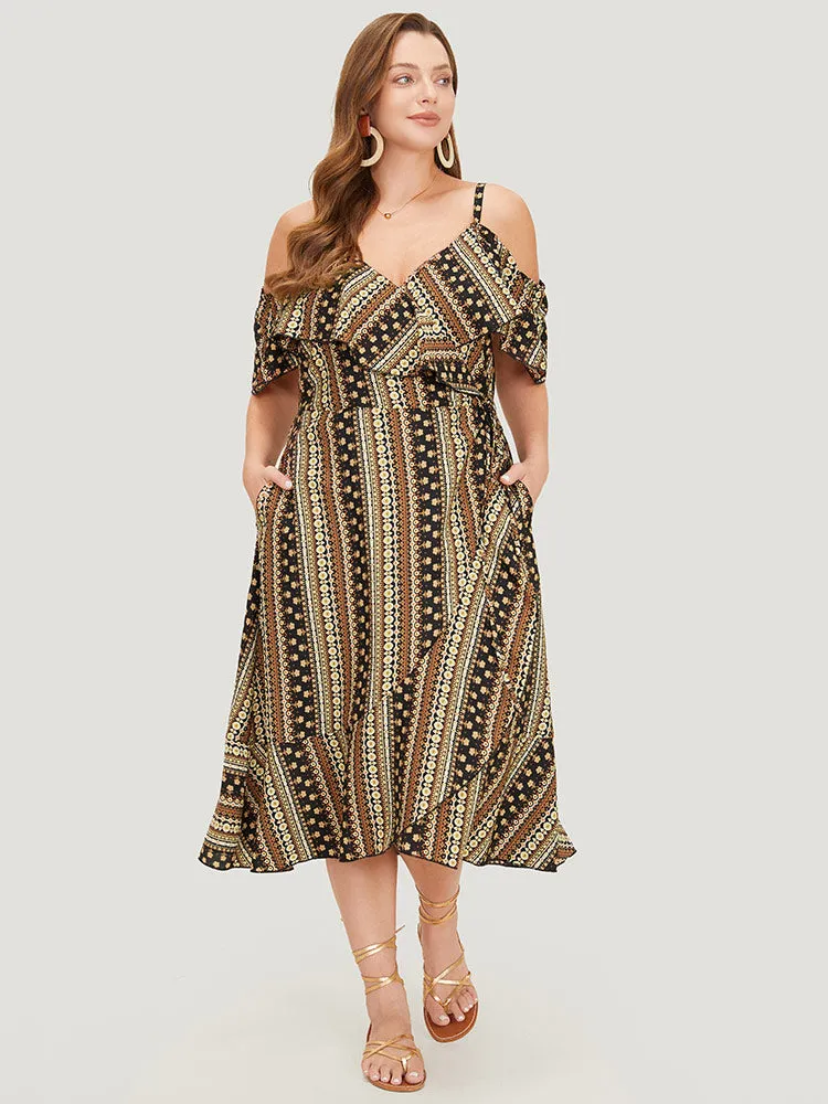 Bandana Pocket Ruffle Trim Cold Shoulder Dress sold by Bloomchic product image thumbnail 2