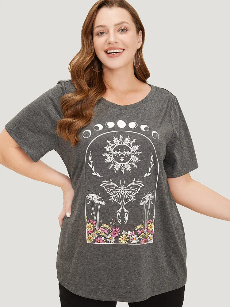 Butterfly & Moon Print Heather Graphic T-shirt sold by Bloomchic