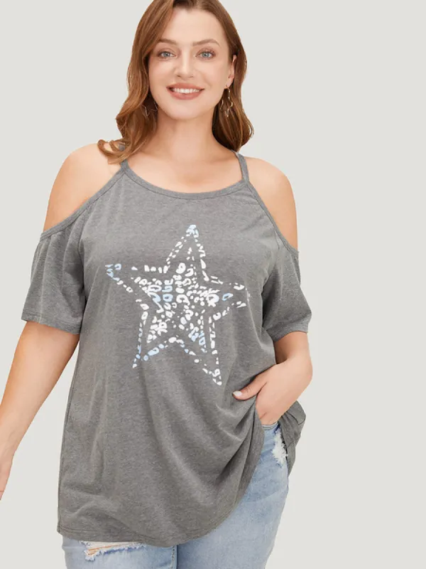 Star Leopard Cold Shoulder Heather T-shirt sold by Bloomchic