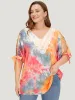 Tie Dye Lace Cut Out Knot Sleeve Blouse sold by Bloomchic