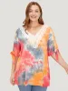 Tie Dye Lace Cut Out Knot Sleeve Blouse sold by Bloomchic