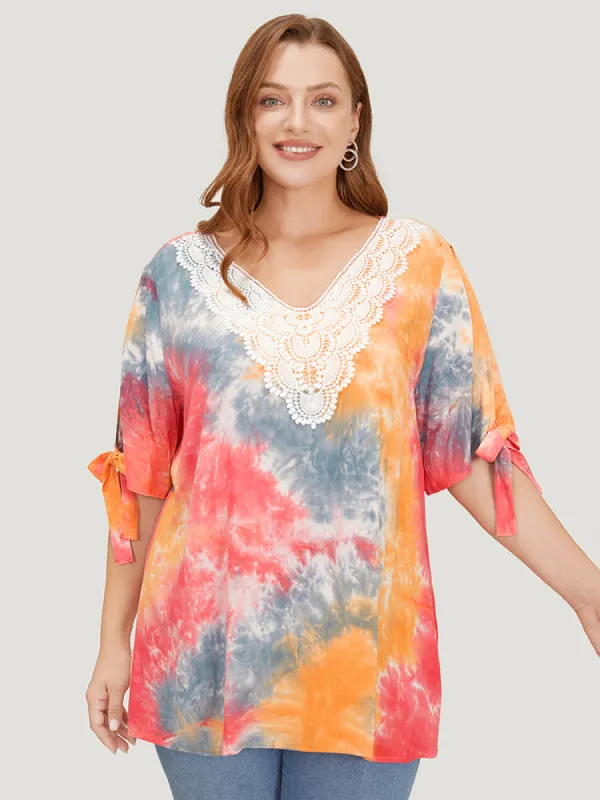 Tie Dye Lace Cut Out Knot Sleeve Blouse sold by Bloomchic