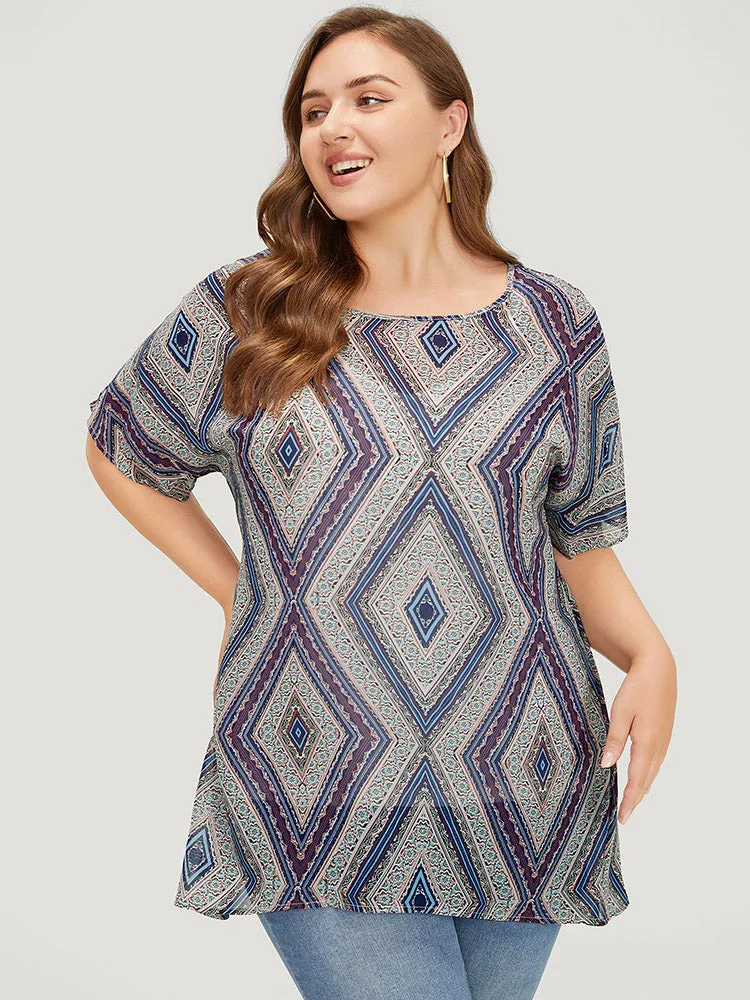 Moroccan Print Asymmetrica Hem Batwing Sleeve Blouse sold by Bloomchic