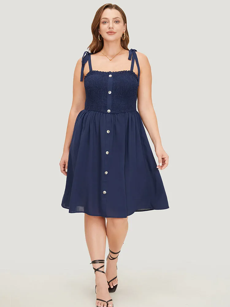 Plain Button Detail Pocket Shirred Ruffles Knot Cami Dress sold by Bloomchic product image thumbnail 4