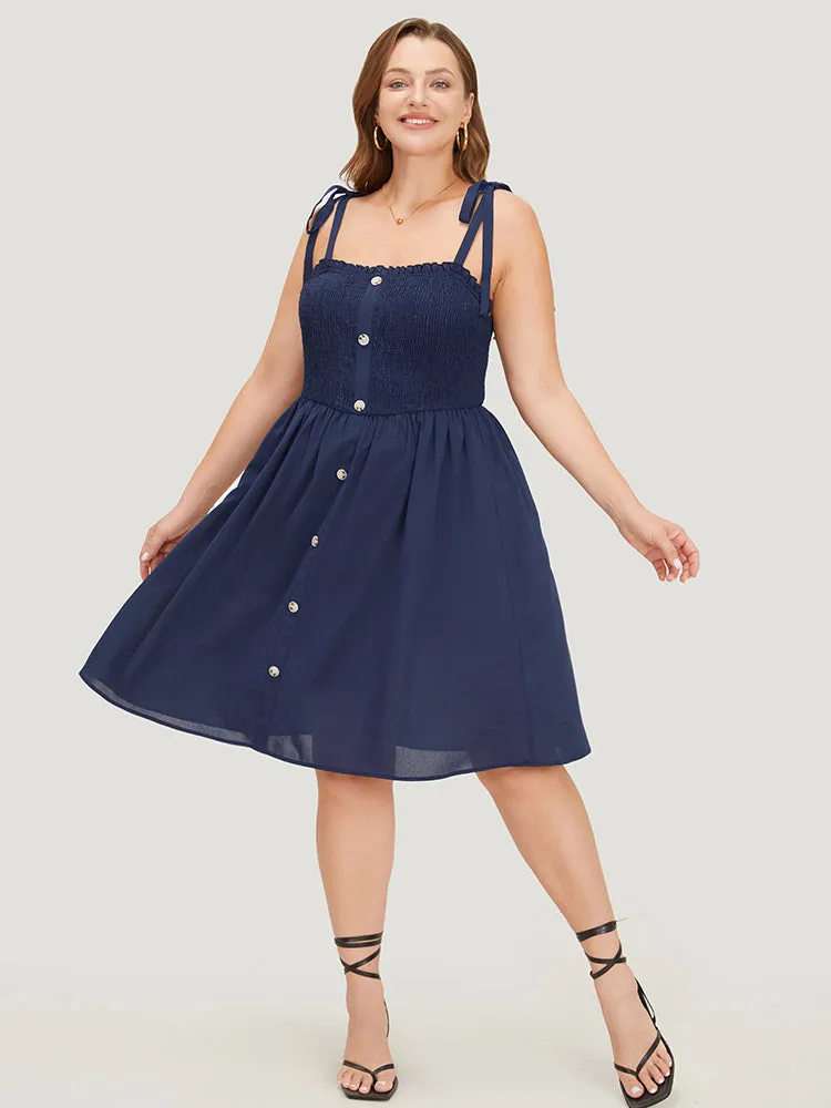 Plain Button Detail Pocket Shirred Ruffles Knot Cami Dress sold by Bloomchic product image thumbnail 5