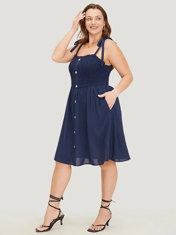 Plain Button Detail Pocket Shirred Ruffles Knot Cami Dress sold by Bloomchic product image thumbnail 3