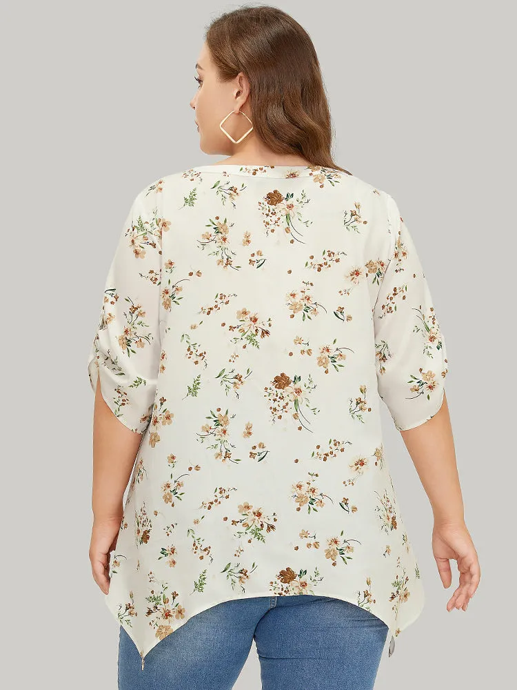 Floral Cuffed Sleeve Hanky Hem Keyhole Neck Blouse sold by Bloomchic product image thumbnail 3