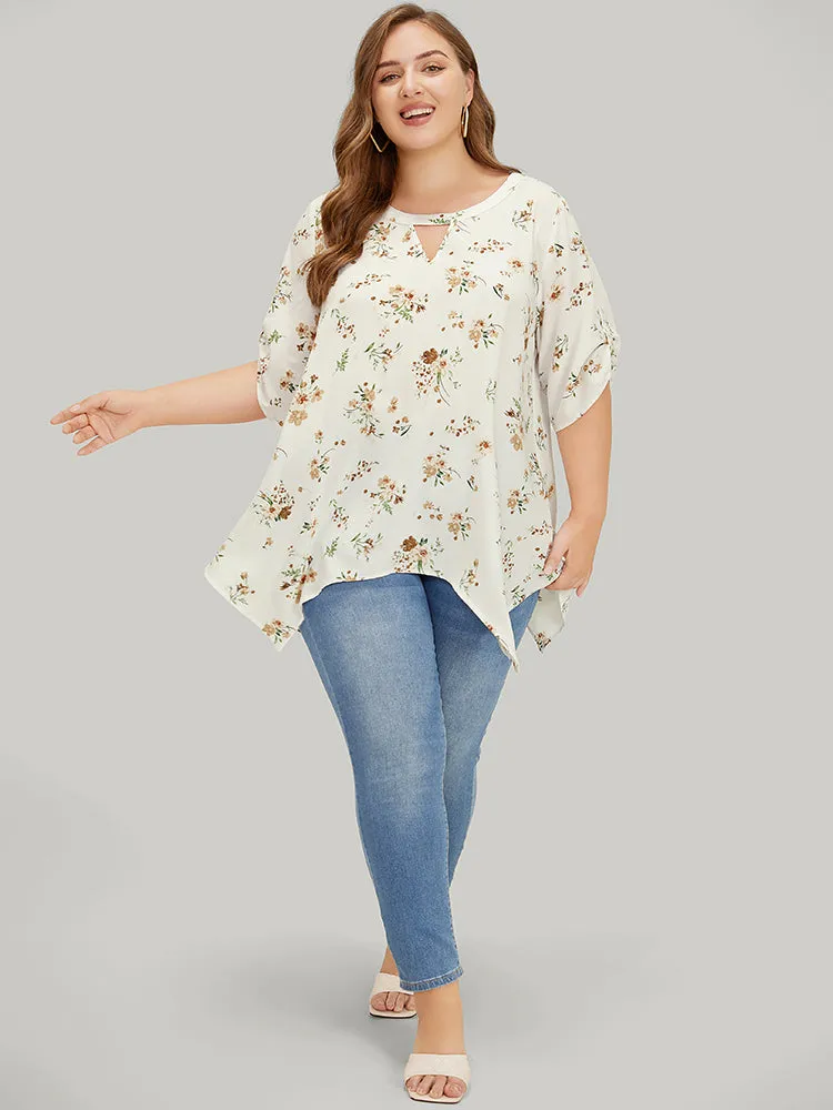Floral Cuffed Sleeve Hanky Hem Keyhole Neck Blouse sold by Bloomchic product image thumbnail 4