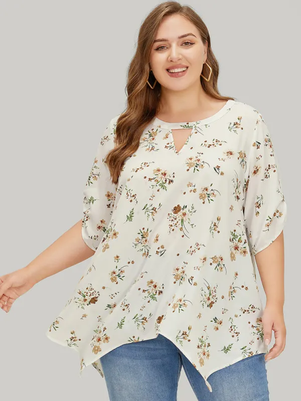 Floral Cuffed Sleeve Hanky Hem Keyhole Neck Blouse sold by Bloomchic