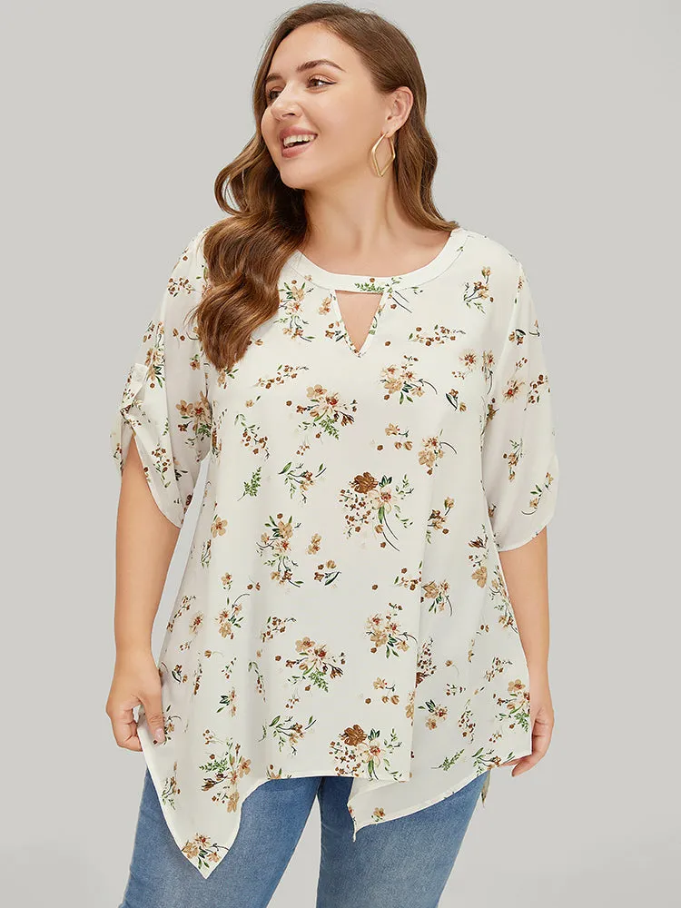 Floral Cuffed Sleeve Hanky Hem Keyhole Neck Blouse sold by Bloomchic product image thumbnail 2