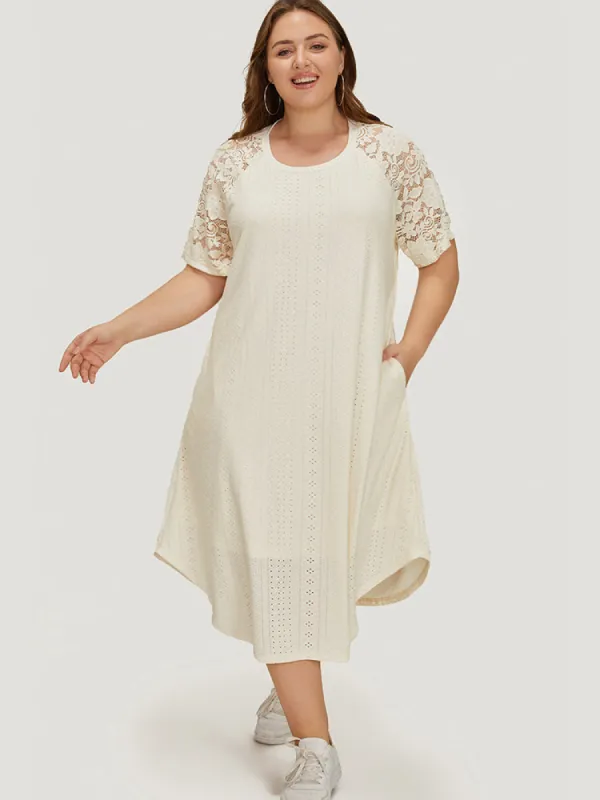 Plain Lace Sleeve Pocket Arc Hem Broderie Anglaise Dress sold by Bloomchic