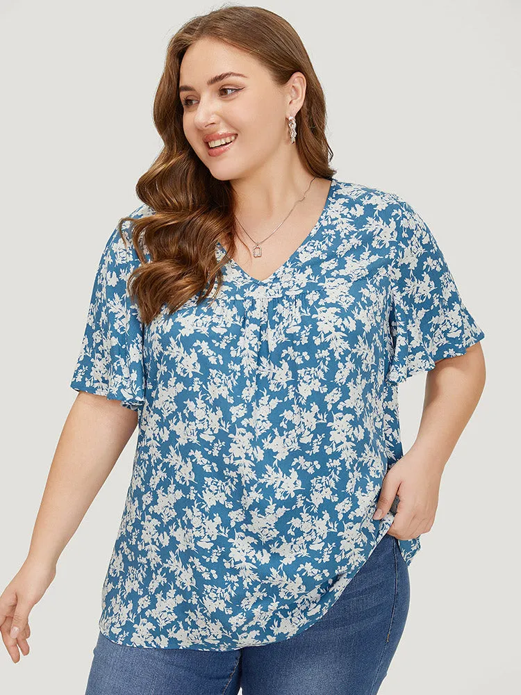 Floral Flutter Sleeve Gathered Blouse sold by Bloomchic