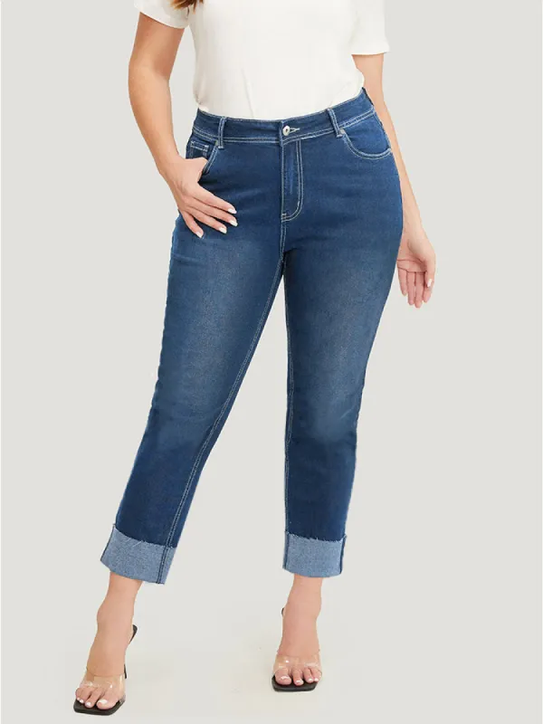 Straight Leg Very Stretchy High Rise Dark Wash Roll Hem Jeans sold by Bloomchic
