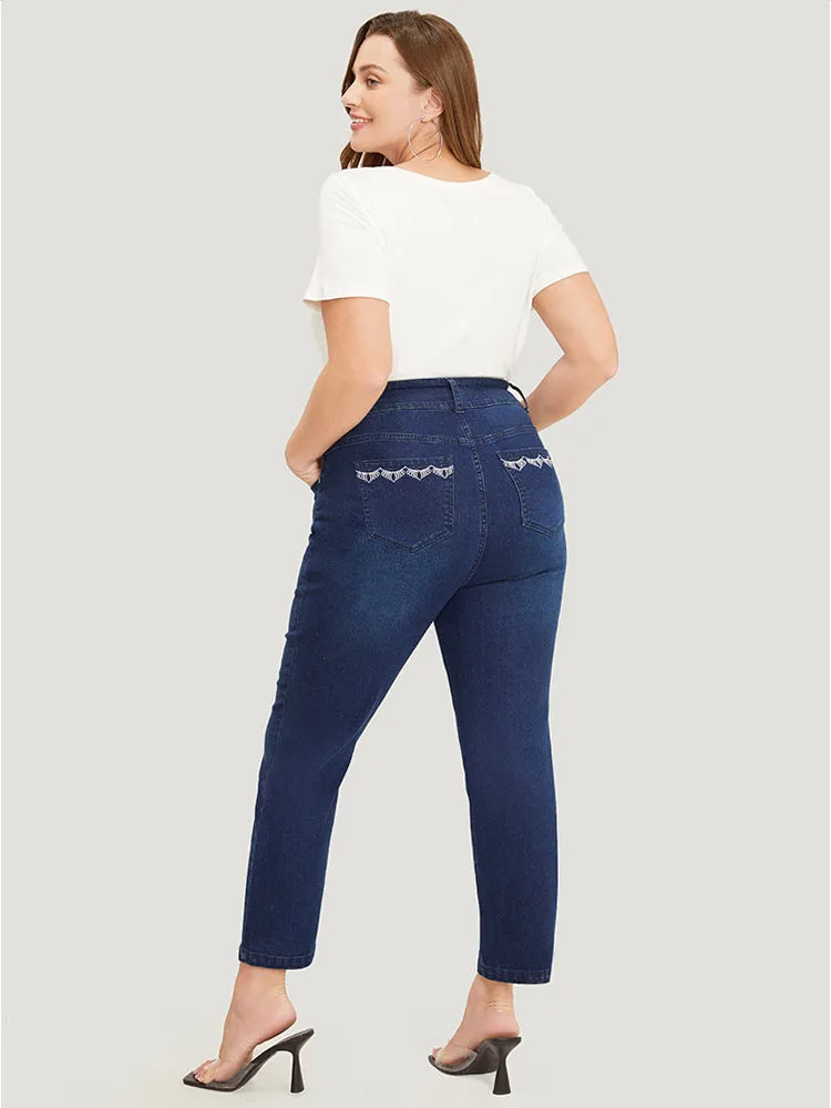 Very Stretchy High Rise Dark Wash Embroidery Back Jeans sold by Bloomchic product image thumbnail 4