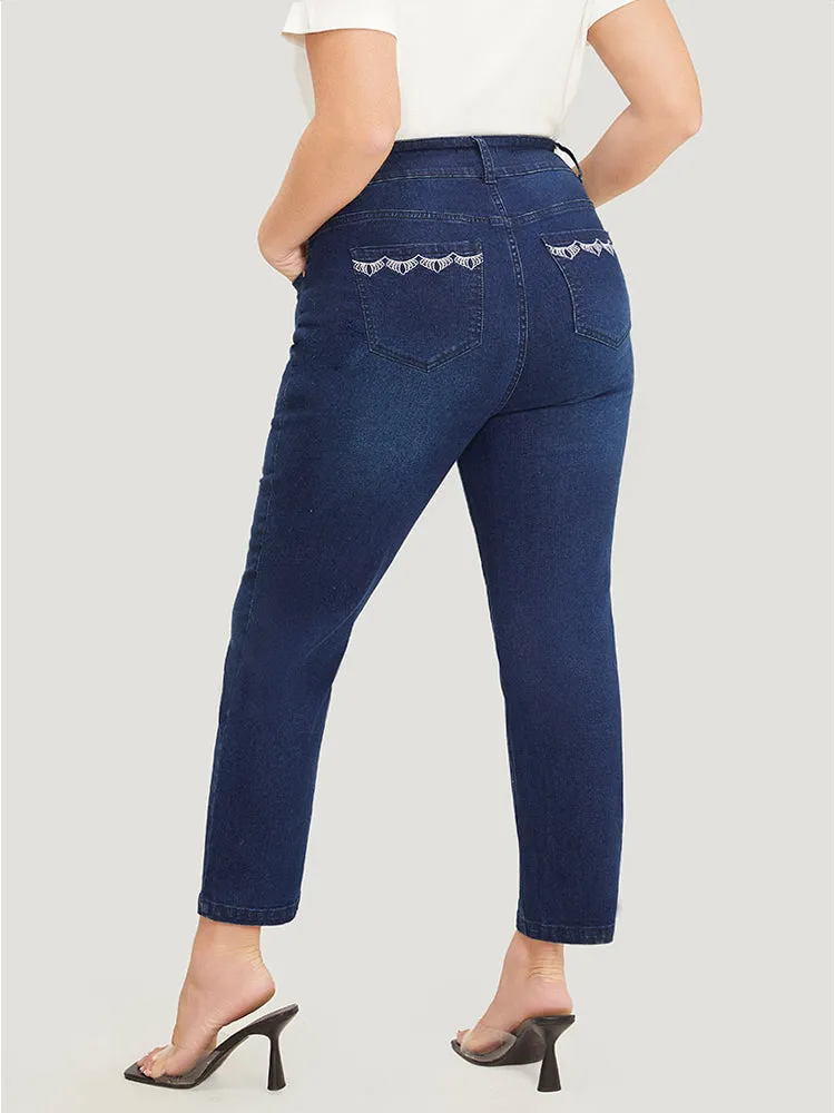 Very Stretchy High Rise Dark Wash Embroidery Back Jeans sold by Bloomchic